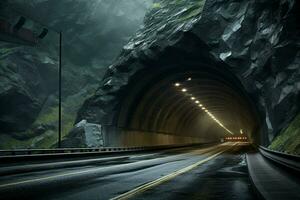 futurista túnel con ligero caminos a noche, largo exposición foto tomado en un túnel. ai generado gratis foto