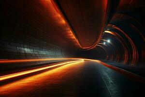 Futuristic tunnel with light trails at night,  Long exposure photo taken in a tunnel. ai generated free photo