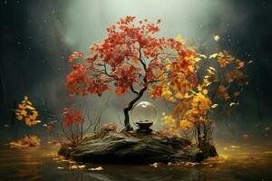 Bonsai tree in the old vase with autumn leaves. ai generated free photo