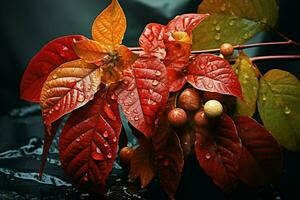 Bonsai tree in the old vase with autumn leaves. ai generated free photo