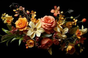 Beautiful autumn bouquet of flowers on a black background. Studio photography. ai generated free photo