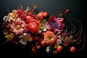 Beautiful autumn bouquet of flowers on a black background. Studio photography. ai generated free photo