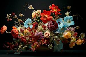 Beautiful autumn bouquet of flowers on a black background. Studio photography. ai generated free photo