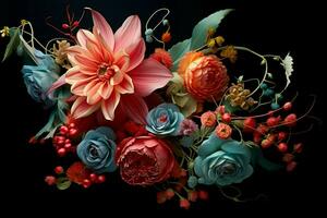 Beautiful autumn bouquet of flowers on a black background. Studio photography. ai generated free photo