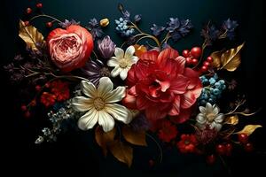 Beautiful autumn bouquet of flowers on a black background. Studio photography. ai generated free photo