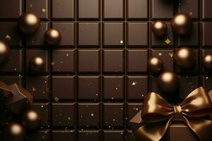 Chocolate bar with bow and confetti. 3D rendering. ai generated free photo