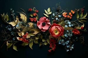 Beautiful autumn bouquet of flowers on a black background. Studio photography. ai generated free photo