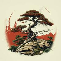 Pine tree on a rock in the forest, Bonsai tree on the mountain. ai generated free photo