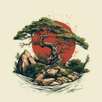 Pine tree on a rock in the forest, Bonsai tree on the mountain. ai generated free photo