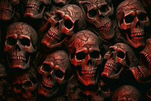 Scary Scary Halloween background with black and white scary skulls. Skulls on black background. Halloween concept. ai generated free photo