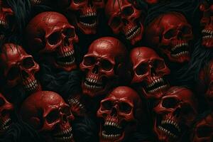 Scary Scary Halloween background with black and white scary skulls. Skulls on black background. Halloween concept. ai generated free photo