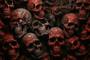 Scary Scary Halloween background with black and white scary skulls. Skulls on black background. Halloween concept. ai generated free photo