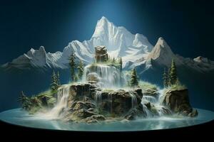 Fantastic landscape with waterfall in the mountains. 3d render. ai generated free photo