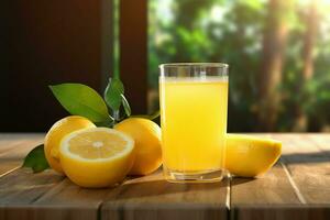 limón jugo en un vaso con Fresco limones en un de madera mesa. ai generado gratis foto