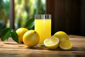 limón jugo en un vaso con Fresco limones en un de madera mesa. ai generado gratis foto