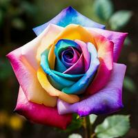 Beautiful multicolored rose on a background of green leaves. ai generated free photo