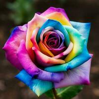 Beautiful multicolored rose on a background of green leaves. ai generated free photo