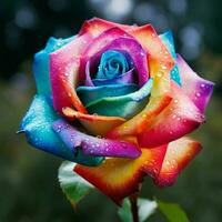 Beautiful multicolored rose on a background of green leaves. ai generated free photo