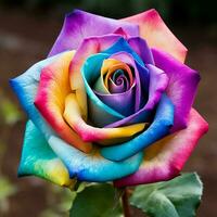 Beautiful multicolored rose on a background of green leaves. ai generated free photo