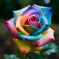 Beautiful multicolored rose on a background of green leaves. ai generated free photo