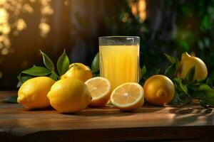 limón jugo en un vaso con Fresco limones en un de madera mesa. ai generado gratis foto