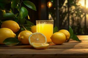 limón jugo en un vaso con Fresco limones en un de madera mesa. ai generado gratis foto