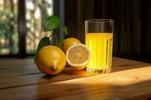 Lemon juice in a glass with fresh lemons on a wooden table. ai generated free photo