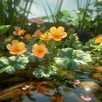 spring flowers on the water with reflection in the water. ai generated free photo