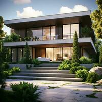 3d rendering of modern cozy house with parking and pool for sale or rent with beautiful landscaping on background. ai generated free photo