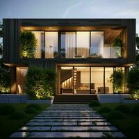 3d rendering of modern cozy house with parking and pool for sale or rent with beautiful landscaping on background. ai generated free photo