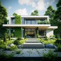 3d rendering of modern cozy house with parking and pool for sale or rent with beautiful landscaping on background. ai generated free photo