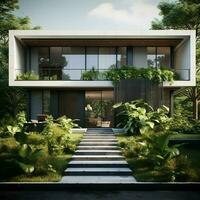 3d rendering of modern cozy house with parking and pool for sale or rent with beautiful landscaping on background. ai generated free photo