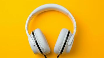 Modern white headphones on yellow background .Generative Ai. photo