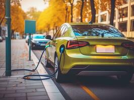 EV electric car with a low battery charge at an electric charging station.Generative Ai. photo