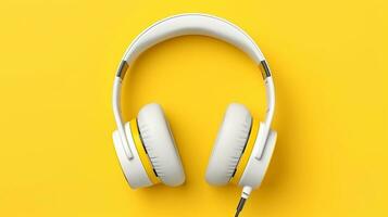 Modern white headphones on yellow background .Generative Ai. photo