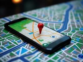 teléfono inteligente GPS navegación icono y mapa en tráfico camino.generativo ai. foto