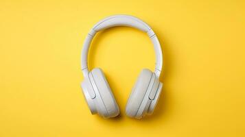 moderno blanco auriculares en amarillo antecedentes .generativo ai. foto