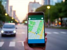 teléfono inteligente GPS navegación icono y mapa en tráfico camino.generativo ai. foto