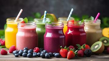 Set of fruit smoothies, healthy fruit and vegetable smoothies.Generative Ai. photo