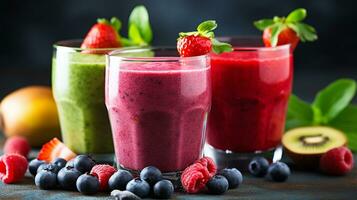 Set of fruit smoothies, healthy fruit and vegetable smoothies.Generative Ai. photo