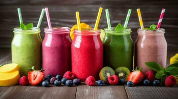 Set of fruit smoothies, healthy fruit and vegetable smoothies.Generative Ai. photo