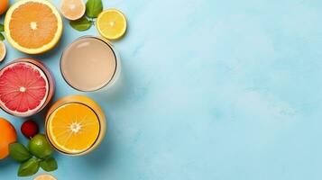 Top view flat lay of juice,lemon,orange,on pastel blue background and copy space.Generative Ai. photo