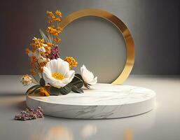 Abstract 3d podium for product presentation with geometric shapes, Empty round podium,Platforms for product presentation show new product background.Generative Ai photo