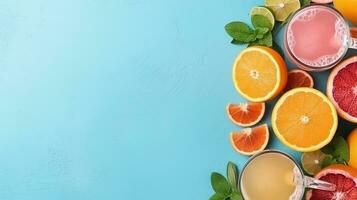 Top view flat lay of juice,lemon,orange,on pastel blue background and copy space.Generative Ai. photo