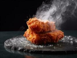 Fresh crispy fried chicken and smoke on black stone.Generative Ai. photo