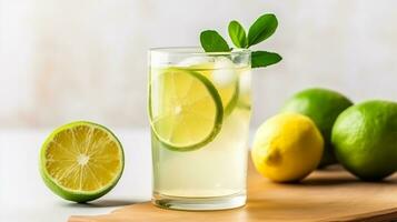 Refreshing healthy refreshing lemonade on gray background.Generative Ai. photo