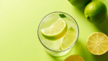 Refreshing healthy refreshing lemonade on gray background.Generative Ai. photo
