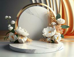 Abstract 3d podium for product presentation with geometric shapes, Empty round podium,Platforms for product presentation show new product background.Generative Ai photo