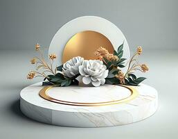 Abstract 3d podium for product presentation with geometric shapes, Empty round podium,Platforms for product presentation show new product background.Generative Ai photo