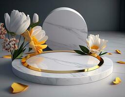 Abstract 3d podium for product presentation with geometric shapes, Empty round podium,Platforms for product presentation show new product background.Generative Ai photo